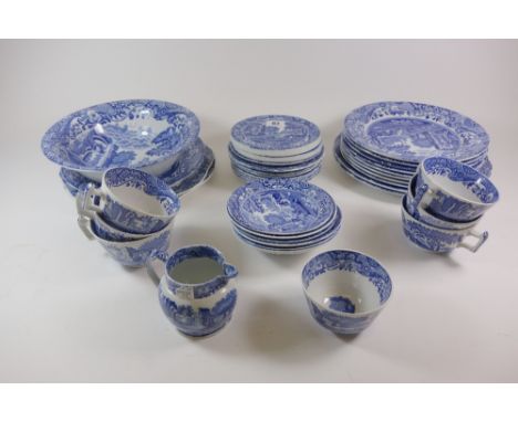 A collection of thirty-nine pieces of Copeland Spode Italian blue transfer printed tea and dinner wares, including two tea po