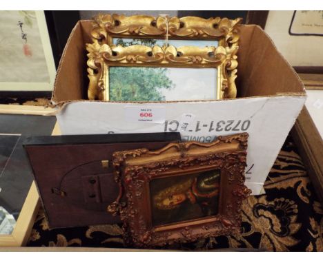 Two landscapes in small gilt frames, a print of a portrait miniature in ebonised frame and a miniature oil on panel in gilt f