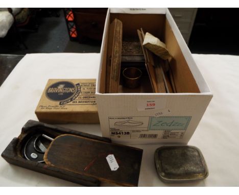 A selection of items to include a Moore & Wright micro meter, two hand-painted fans, napkin rings, snuff box etc