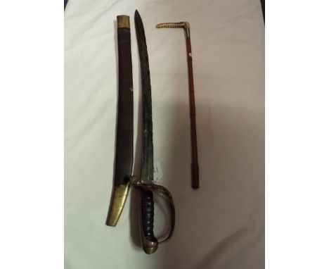 A Victorian sword with leather grip brass hilt and guard in leather scabbard and a silver collard riding crop