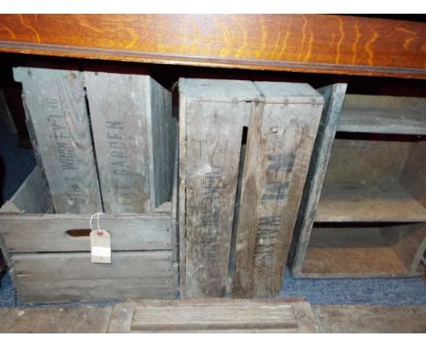 Three vintage pine advertising crates one for W.M. Wallis Bekesbourne plus a sectioned pine drawer