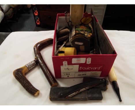 A selection of miscellaneous item to include an antler walking stick handle with silver ferrule, yellow metal framed spectacl