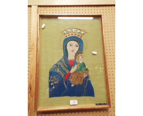 VERA FARRIER 20thC embroidery portrait of Mary and Jesus after Russian iconography, the halos having gold stitching and gem d