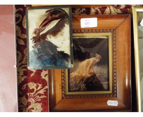 An antique crystoleum of a semi-nude fairy set into mahogany frame, together with an unframed hand tinted crystoleum portrait
