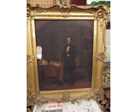 A 19thC oil on canvas full length portrait of a gentleman in interior scene, set into ornate gilt frame     Needs a good clea