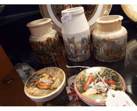 Three Prattware decorated early stoneware jars and two similar lids