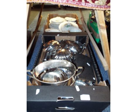 Two silver plated entrée dishes, a silver plated food warmer, Art Deco cased silver plated tea spoons and tongs, plus other i