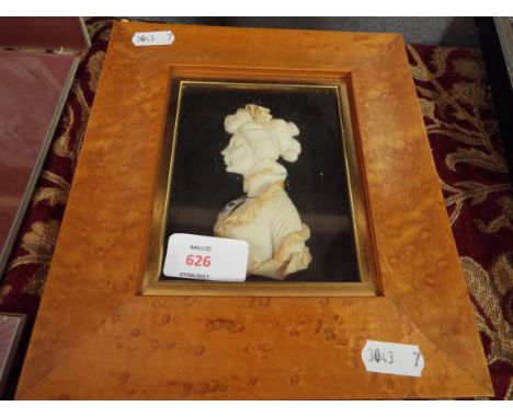 LESLIE RAY wax relief portrait of a lady in Regency costume, set in a burr maple veneered frame A/F