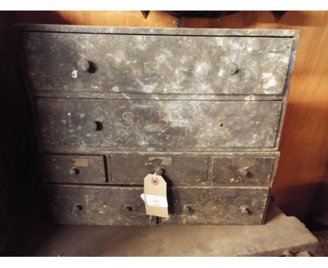 Two vintage painted pine table top tool chests containing engineer's tools, fixings, gauges etc