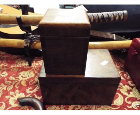 An early 19thC rosewood two section tea caddy together with a Victorian oak tea caddy