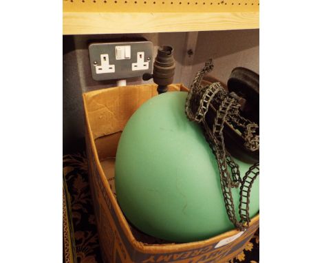 A Victorian green glass pendant light with copper fittings and chains together with a pewter lamp base