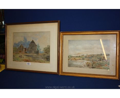 Two framed Watercolours, one depicting two figures and a dog sitting side by side by a lake fishing with buildings and a figu