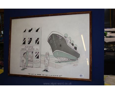 A large framed Cartoon Print Acme Marine Salvage Co., signed Mick and dated '80.  29 1/2'' x 21''