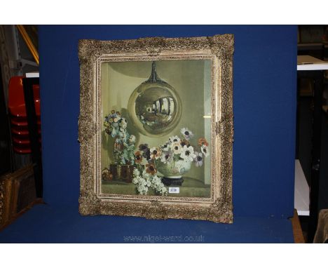 An ornate framed M. Davis Richter Print of an interior scene with a Gentleman reflection in bauble.  16'' x 19''