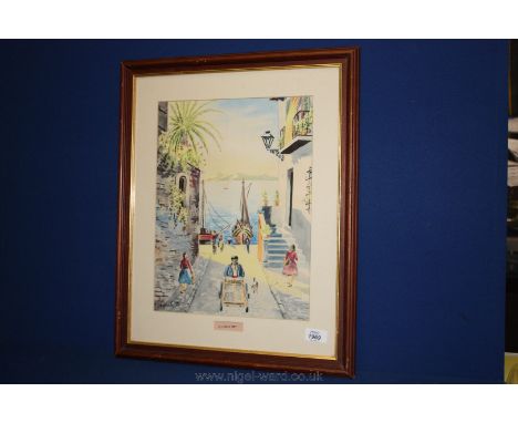 A framed and mounted Continental scene of a street leading  towards boats in a harbour with a figure looking on.  Signed lowe