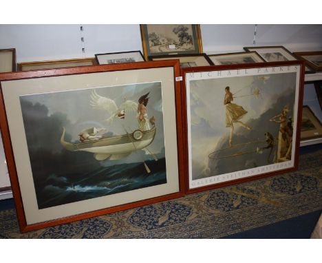 A large framed Michael Parkes Print ''Galerie Steltman Amsterdam'', 29'' x 23 1/2'' plus a Michael Parkes style Print, 27 3/4