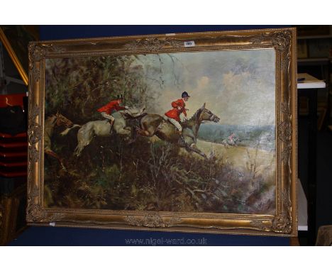 A large ornately framed Hunting Print on canvas, after Michael Lynn entitled ''Away'', 35 1/2'' x 23 1/4''