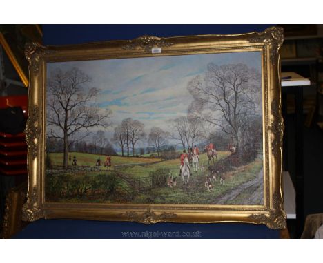 A large painting on Canvas, signed lower right Paul Morgan of a hunting scene, in ornate gilt frame.  35 1/2'' x 23 1/4''
