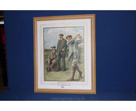 A golfing Print entitled 'Taylor, Braid and Vardon' by Clement Flower.