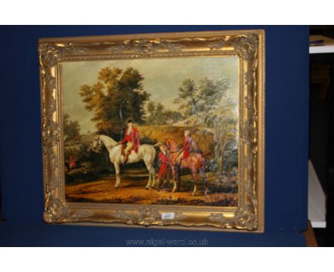 An ornate gilt framed Print on canvas depicting The Duke of Orleans and the Duke of Chartres in 1788 out hunting.  21 1/4'' x