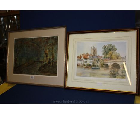 A framed and mounted Print of a sultry Woodland scene, signed lower right R.J. Margetts, along with a Sturgeon Print depictin