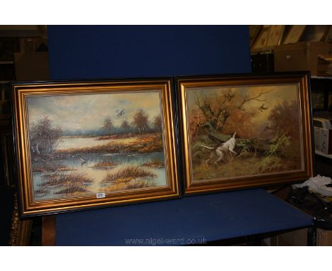 A framed Print on Canvas of a hunting dog searching out birds - unsigned, along with a similar framed picture of ducks taking