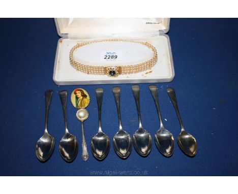 A Kopy Katz 1960's Pearl Choker and a vintage Italian medallion featuring a lady, teaspoons, etc.