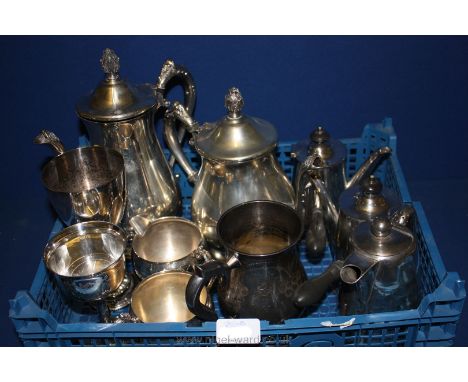 Two small plated Coffee Pots, a large coffee pot and matching teapot, milk jug and sugar bowl with decorative handles, spout 