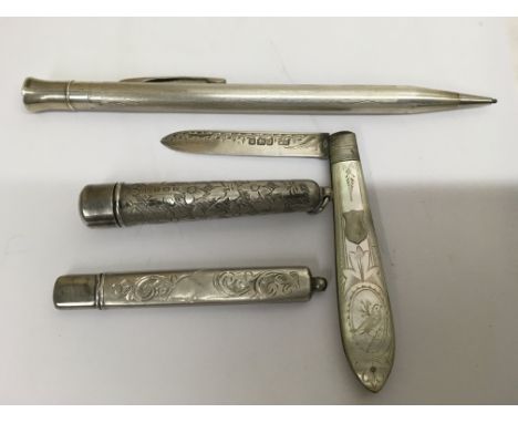 A silver pencil together with silver pencil case and silver lead case and hallmarked fruit knife.