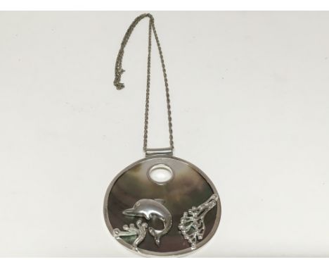 Large mother of pearl silver 925 dolphin pendant &amp; silver chain