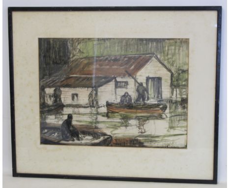 JOHN R BARELEY ?Rowing boats by a Boathouse.Watercolour washes over charcoal.34cm x 47cm.Signed in pencil. 