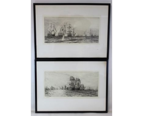 William Lionel Wyllie (1851-1931) - two monochrome etchings depicting 18th century sea battles, possibly Trafalgar, each 20cm
