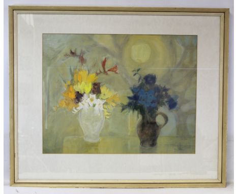 JANE FYFE.Still life of flowers in a jug and vase.Gouache.48.5cm x 63cm.Signed in pencil. 