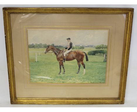 LATE VICTORIAN/EDWARDIAN SCHOOL.Portrait of a racehorse and jockey.Watercolour.28cm x 38.5cm.Indistinctly signed, Bond Street