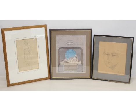 19TH CENTURY ENGLISH SCHOOLTomb Effigy.Watercolour.27cm x 20.5cm.Also a pencil sketch of a nude and "A Visionary Face" by J.V