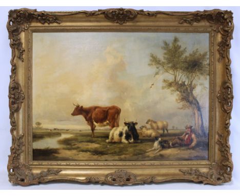HENRY BRITTAN WILLIS (1810-1884).Pastoral landscape with cattle, sheep and shepherd.Oil on canvas - relined.54cm x 75cm.Signe