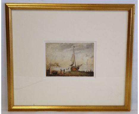 18TH CENTURY ENGLISH SCHOOL.Beached fishing boats.Watercolour over pencil.11cm x 15cm.