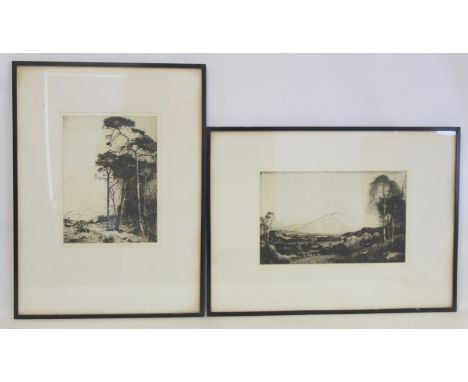 Highland landscapes - two monochrome etchings by John George Mathieson (exh. 1918 to 1940), 29cm x 21cm and 22cm x 34cm, both
