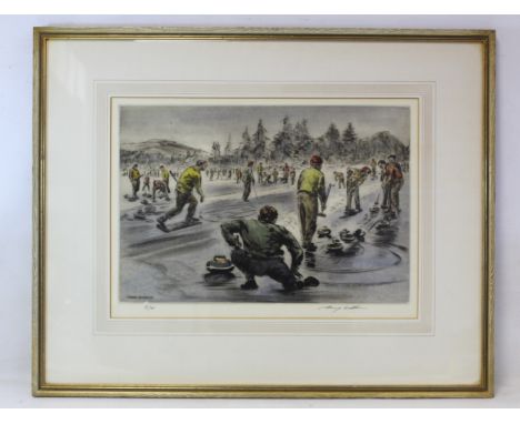 Henry Wilkinson (1921-2011)&nbsp;- coloured etching of a curling tournament, 30cm x 42cm, signed and numbered in pencil 72/75