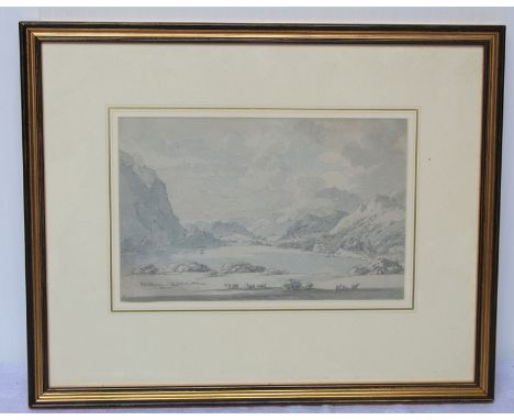THOMAS SUNDERLAND.Lake scene.Grey wash over pencil.18cm x 28cm.Abbott and Holder label verso.Condition report:Good condition.