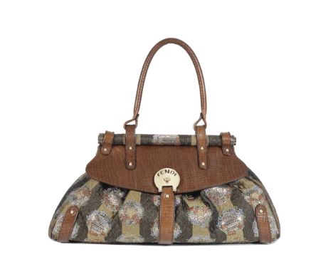 A BROWN LEATHER AND JACQURED FABRIC MAGIC BAGFendiTurn-lock closure, elasticized opening under brown leather flap, striped bo