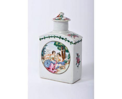 A covered tea caddy, Chinese export porcelain, polychrome and gilt decoration "Venus and Mercury", Qianlong period (1736-1795