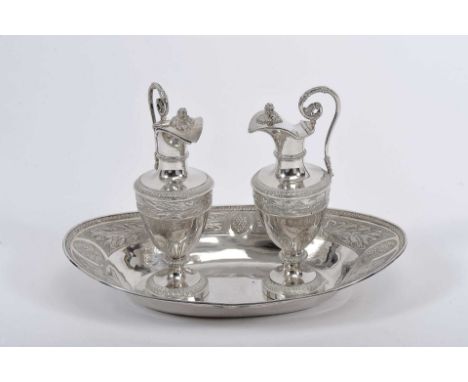 A pair of cruets with tray, neoclassical, silver, decoration en relief "Grapevines with bunches of grapes and wheat", 19th C.