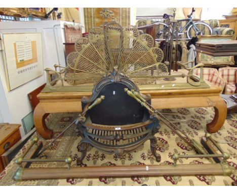 Fire grate, brass fender, irons etc.