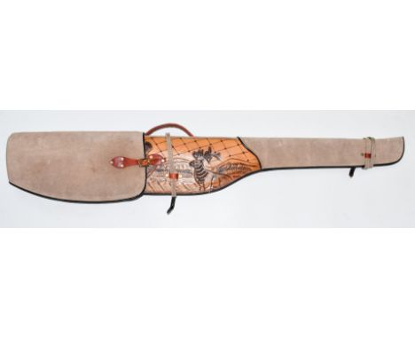 Canvas and embossed leather shotgun or rifle slip with decoration of a stag in a landscape, 129cm long.&nbsp;