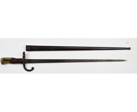 French 1874 Gras bayonet with manufacture date 1877 to 52cm T form blade, with scabbard. PLEASE NOTE ALL BLADED ITEMS ARE SUB