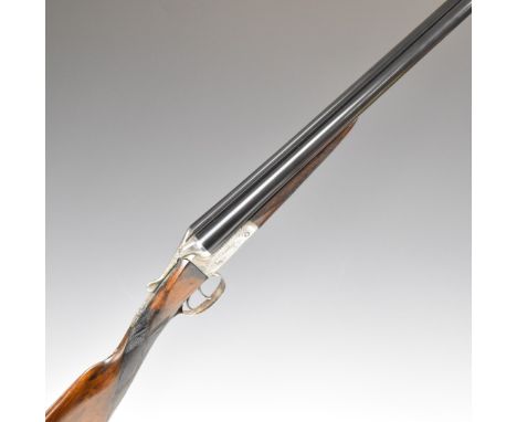 W R Pape 16 bore side by side ejector shotgun with named and engraved lock, engraved trigger guard, thumb lever, fences and u