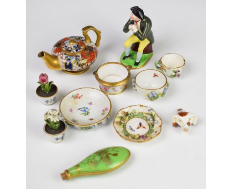 A collection of miniature / novelty 19th / 20thC porcelain including Meissen, Spode, porcelain powder flask / scent bottle, f