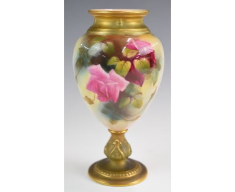 Royal Worcester pedestal vase decorated with roses and a butterfly verso, height 14cm