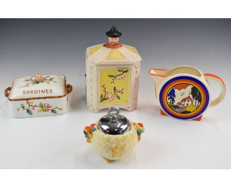 Clarice Cliff sucrier, Victorian porcelain sardine dish, chinoiserie figural biscuit barrel, Clarice Cliff style jug etc, tal